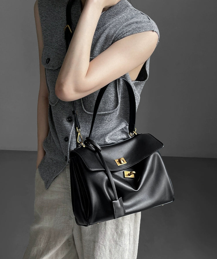 Idle Style Soft Glutinous Microfiber Kelly Bag | Trendy Solid Shoulder Tote with Leather Belt Decor Luxegan