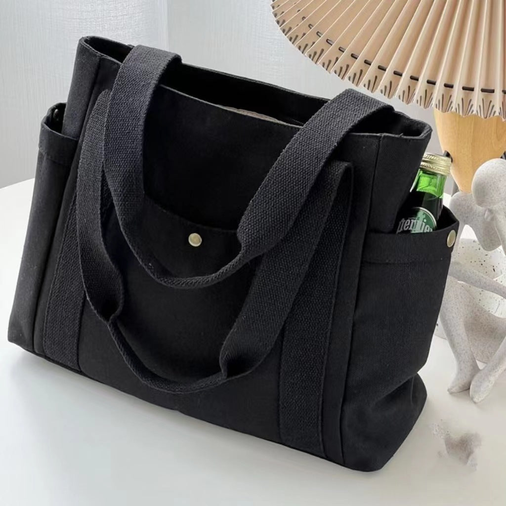 Large Capacity Canvas Commuter Tote | Solid Color Zipper Handbag Luxegan