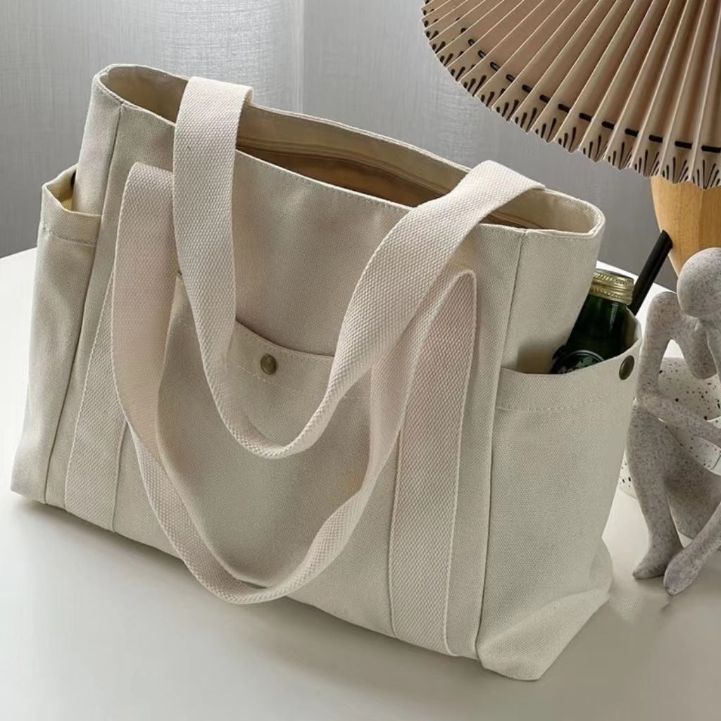 Large Capacity Canvas Commuter Tote | Solid Color Zipper Handbag Luxegan