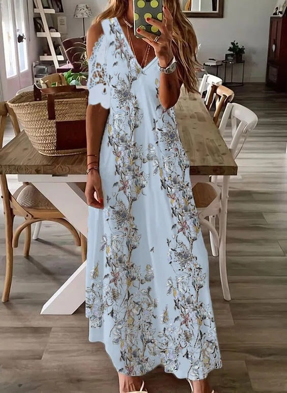 Floral V-Neck Spaghetti Strap Lace Detail Regular Fit A-Line Ankle-Length Dress – Brocade, Medium Stretch, Summer Luxegan