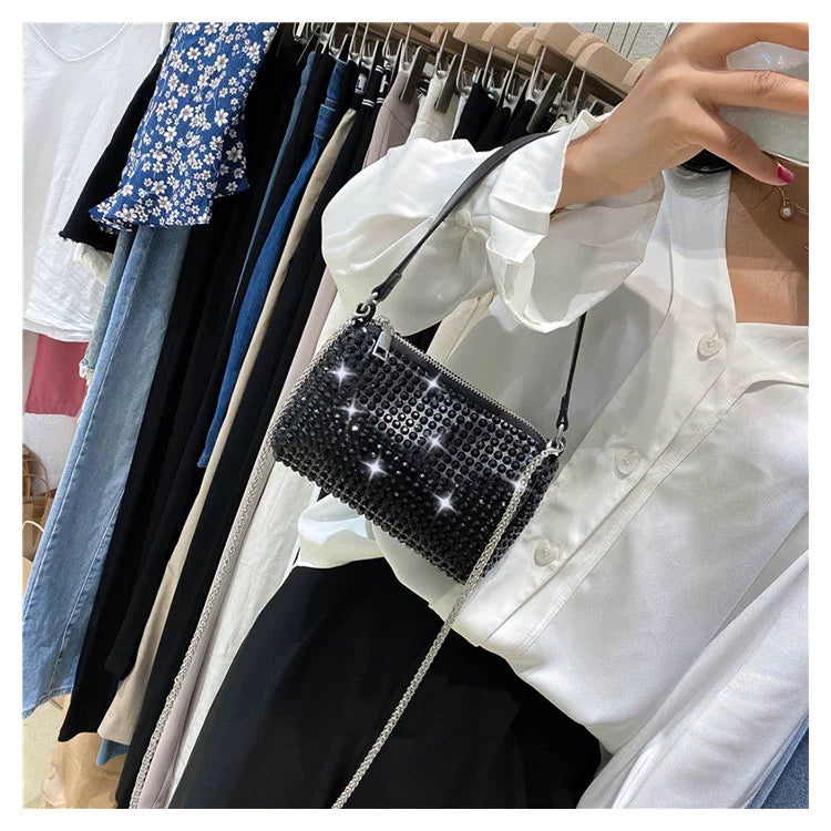 New Arrival Trendy Rhinestone Small Square Bag | Full Diamond Underarm Bag & Diamond-Embedded Women's Shoulder Crossbody Small Handbag Luxegan