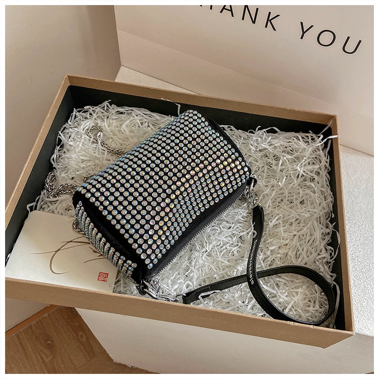 Rhinestone Square Pouch | Full Diamond Underarm Bag & Chain Shoulder Crossbody (Small Handbag, Japanese & Korean Style) Luxegan