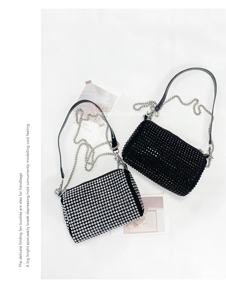 New Arrival Trendy Rhinestone Small Square Bag | Full Diamond Underarm Bag & Women's Chain Shoulder Crossbody Small Handbag (Japanese & Korean Style) Luxegan