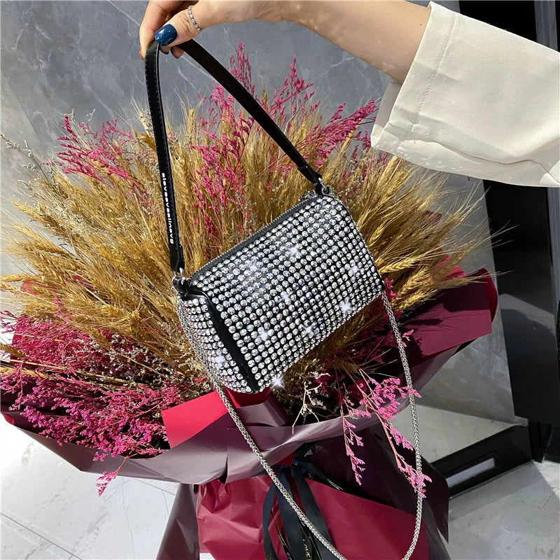 New Arrival Trendy Rhinestone Small Square Bag | Full Diamond Underarm Bag & Diamond-Embedded Women's Shoulder Crossbody Small Handbag Luxegan