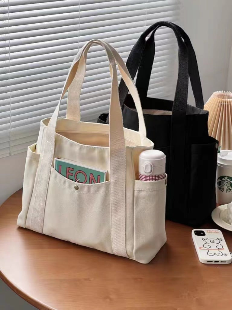 Large Capacity Canvas Commuter Tote | Solid Color Zipper Handbag Luxegan