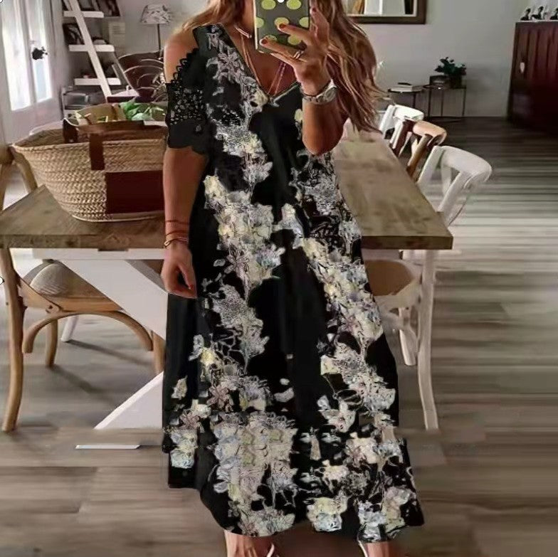 Floral V-Neck Spaghetti Strap Lace Detail Regular Fit A-Line Ankle-Length Dress – Brocade, Medium Stretch, Summer Luxegan