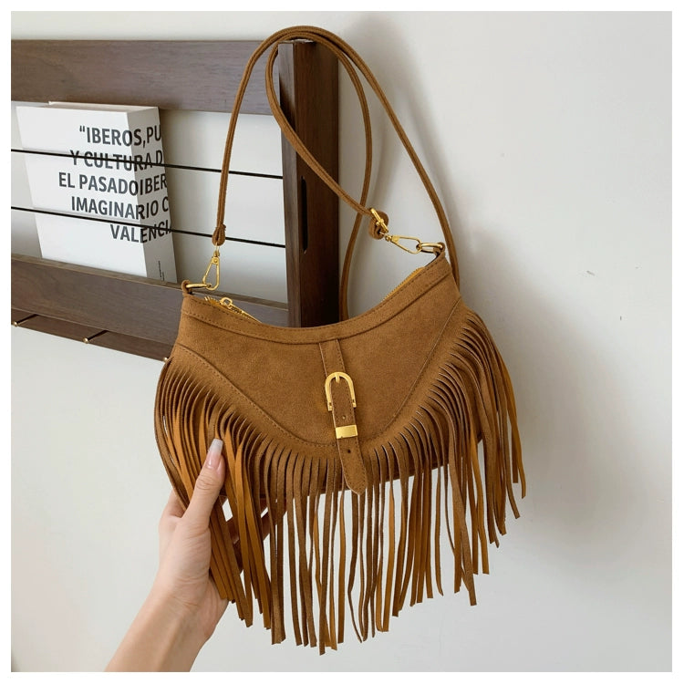 American Vintage Deerskin Tassel Bag | Women's Summer New Maillard Saddle Bag | Ethnic Style Soft Suede Shoulder Messenger Bag (Medium) Luxegan
