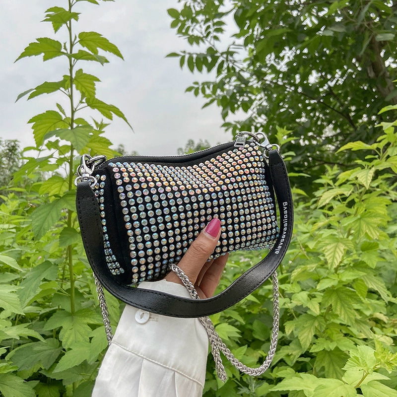 Rhinestone Square Pouch | Full Diamond Underarm Bag & Chain Shoulder Crossbody (Small Handbag, Japanese & Korean Style) Luxegan