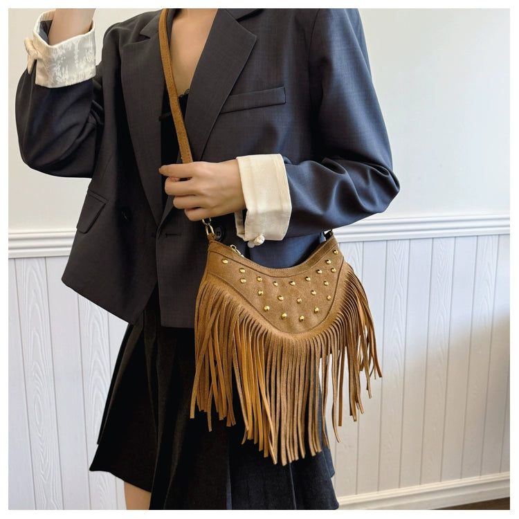 American Vintage Deerskin Tassel Bag | Women's Summer New Maillard Saddle Bag | Ethnic Style Soft Suede Shoulder Messenger Bag (Medium) Luxegan