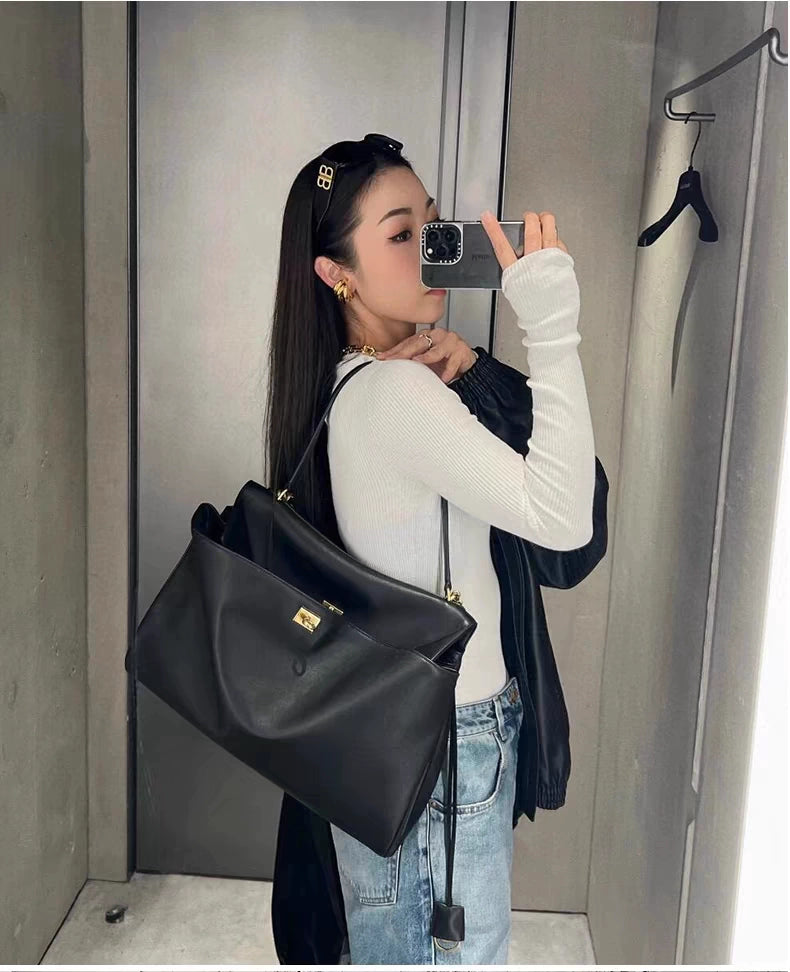 Rodeo Smooth Calfskin Tote Bag | Medium Horizontal Square Crossbody Satchel | Lazy Style Pure Color Leather Handbag Luxegan