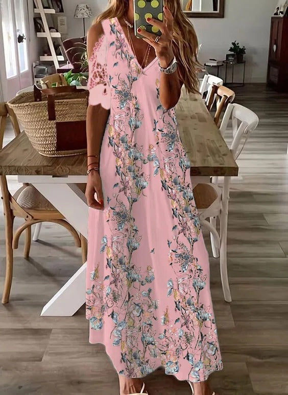 Floral V-Neck Spaghetti Strap Lace Detail Regular Fit A-Line Ankle-Length Dress – Brocade, Medium Stretch, Summer Luxegan