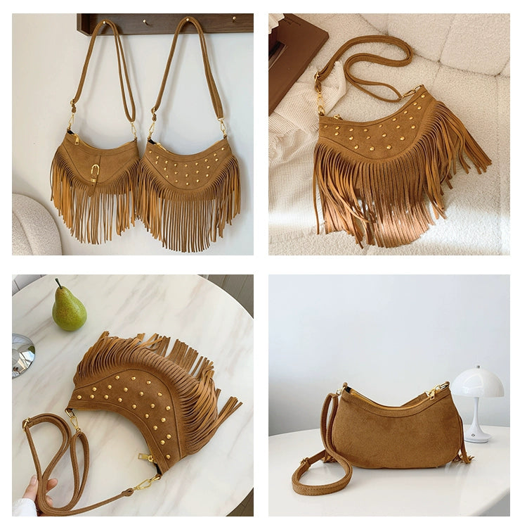 American Vintage Deerskin Tassel Bag | Women's Summer New Maillard Saddle Bag | Ethnic Style Soft Suede Shoulder Messenger Bag (Medium) Luxegan