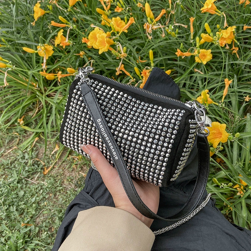 Rhinestone Square Pouch | Full Diamond Underarm Bag & Chain Shoulder Crossbody (Small Handbag, Japanese & Korean Style) Luxegan