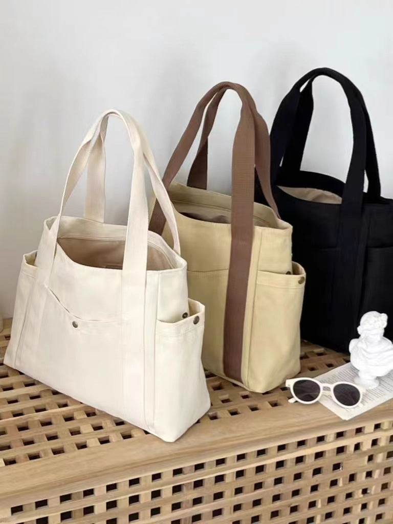 Large Capacity Canvas Commuter Tote | Solid Color Zipper Handbag Luxegan