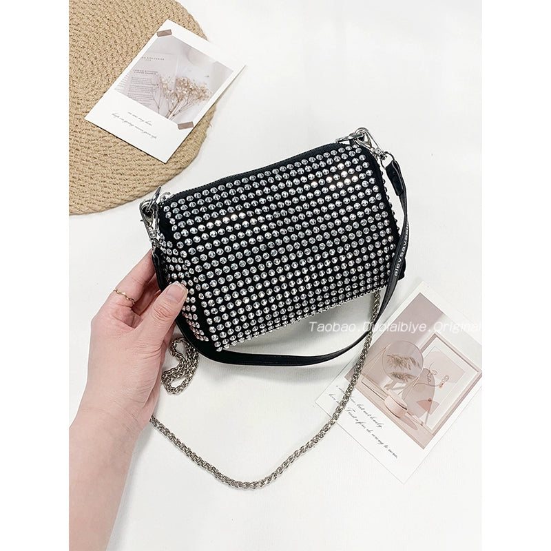 New Arrival Trendy Rhinestone Small Square Bag | Full Diamond Underarm Bag & Women's Chain Shoulder Crossbody Small Handbag (Japanese & Korean Style) Luxegan