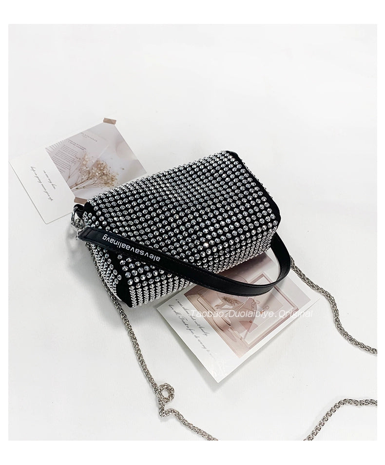 New Arrival Trendy Rhinestone Small Square Bag | Full Diamond Underarm Bag & Women's Chain Shoulder Crossbody Small Handbag (Japanese & Korean Style) Luxegan