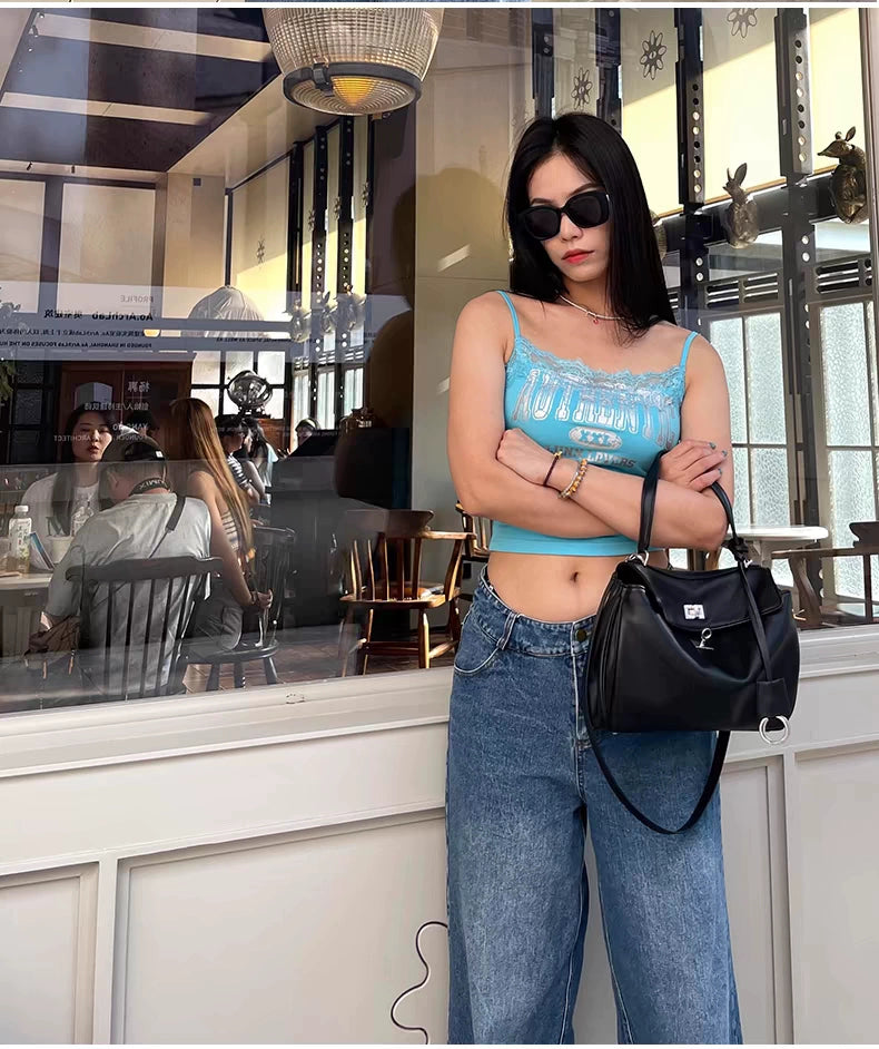 Rodeo Smooth Calfskin Tote Bag | Medium Horizontal Square Crossbody Satchel | Lazy Style Pure Color Leather Handbag Luxegan