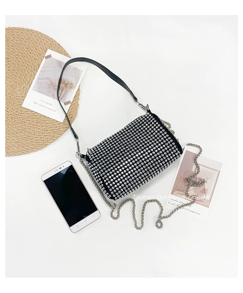 New Arrival Trendy Rhinestone Small Square Bag | Full Diamond Underarm Bag & Women's Chain Shoulder Crossbody Small Handbag (Japanese & Korean Style) Luxegan