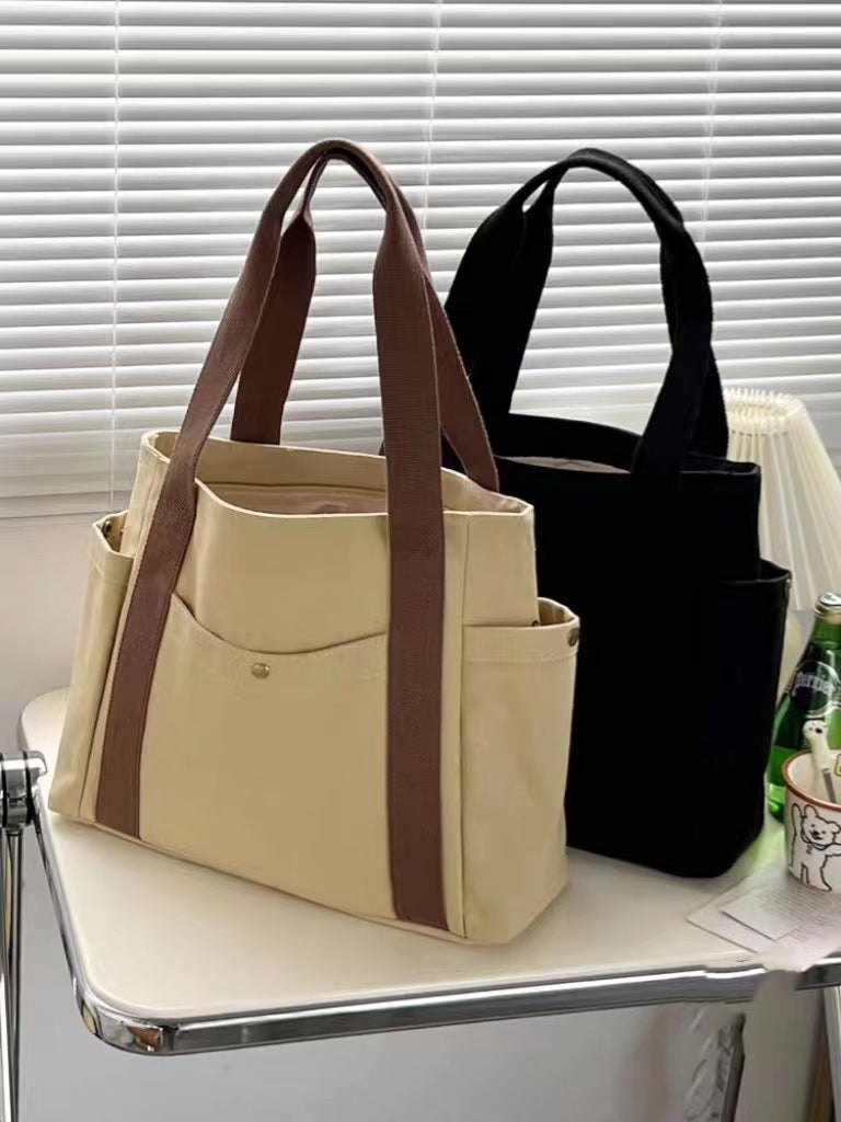 Large Capacity Canvas Commuter Tote | Solid Color Zipper Handbag Luxegan