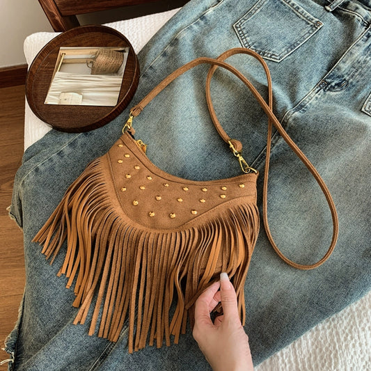 American Vintage Deerskin Tassel Bag | Women's Summer New Maillard Saddle Bag | Ethnic Style Soft Suede Shoulder Messenger Bag (Medium) Luxegan