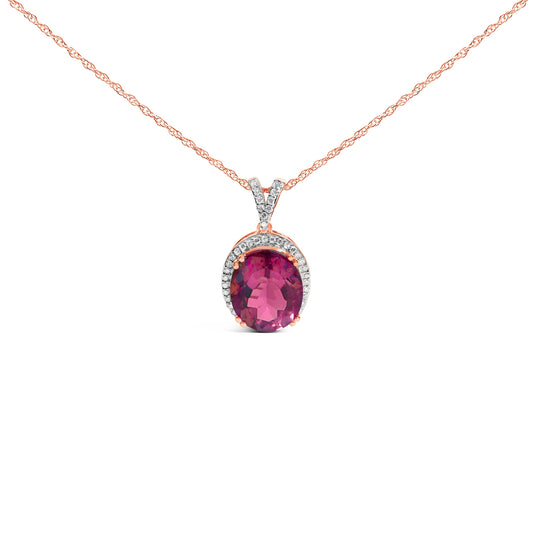 Collar con colgante ovalado de cuarzo rosa y diamante de 1/5 Cttw, plata de ley con baño de oro rosa de 14K