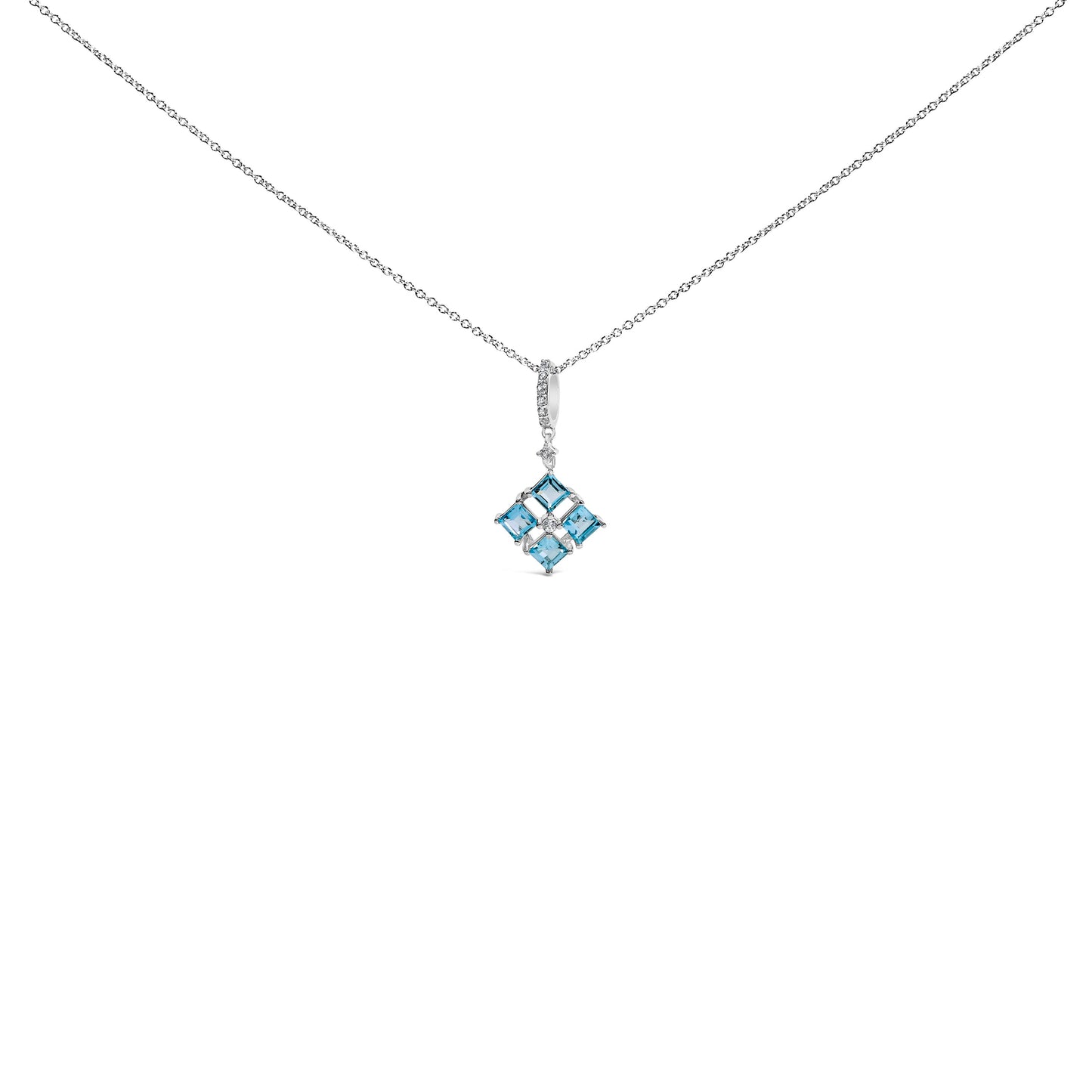 Sterling Silver Blue Topaz and White Sapphire Square Motif Pendant Necklace 18 Inch
