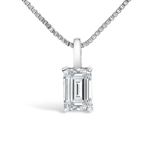 14K White Gold 3/4 Cttw Lab Grown Emerald Cut Solitaire Diamond Pendant Necklace