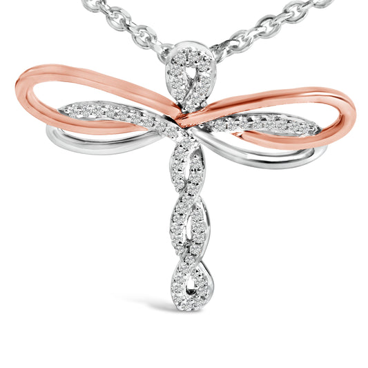 Collar con colgante de libélula con diamantes de 0,10 quilates en plata de ley chapada en oro rosa de 14 quilates