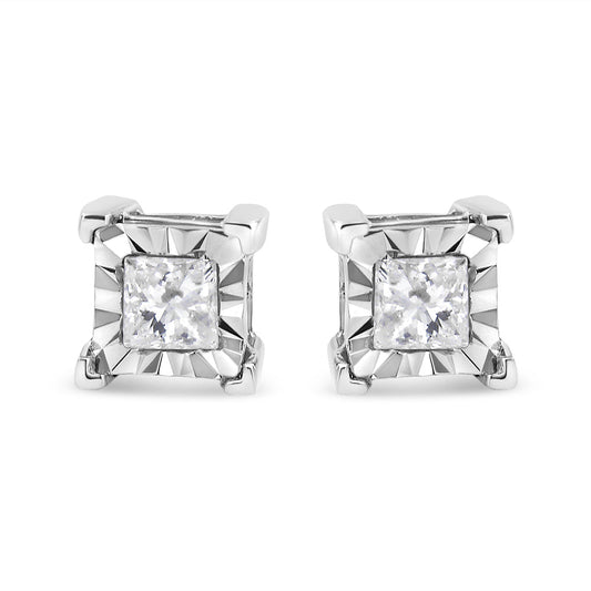 Pendientes de solitario con diamantes talla princesa de 1/2 quilate (H-I Color, I1-I2 Claridad) en plata de ley 925 con engaste Miracle