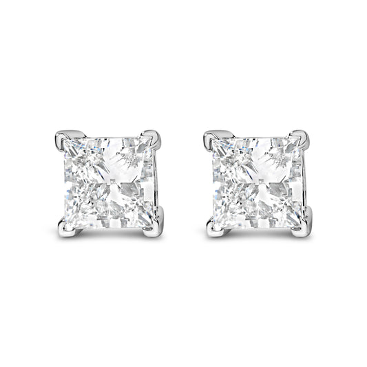 Pendientes de oro blanco de 14 quilates con diamantes cultivados en laboratorio de corte princesa de 1,0 quilates (color F-G, claridad VS2-SI1)