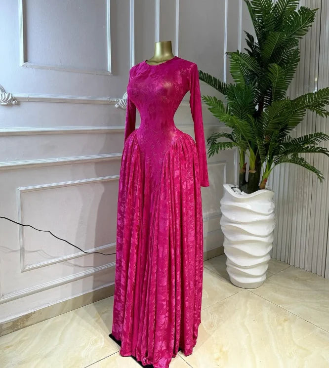 Floral O-Neck Full-Length Sleeve Mesh Pleated A-Line Floor-Length Dress – Empire Waist, Regular Fit, Spring/Summer Luxegan