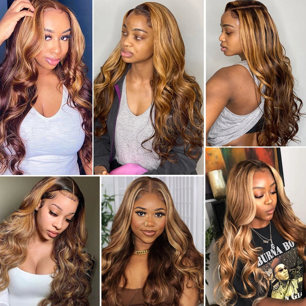 Honey Blonde Highlight Body Wave HD Lace Wig | Sophisticated 13x6 Transparent Frontal | Elegant "Brazilian Remy" Silhouette | "Dignified" Pre-Plucked Ombre Colored Human Hair for Radiant Versatile Styling Luxegan