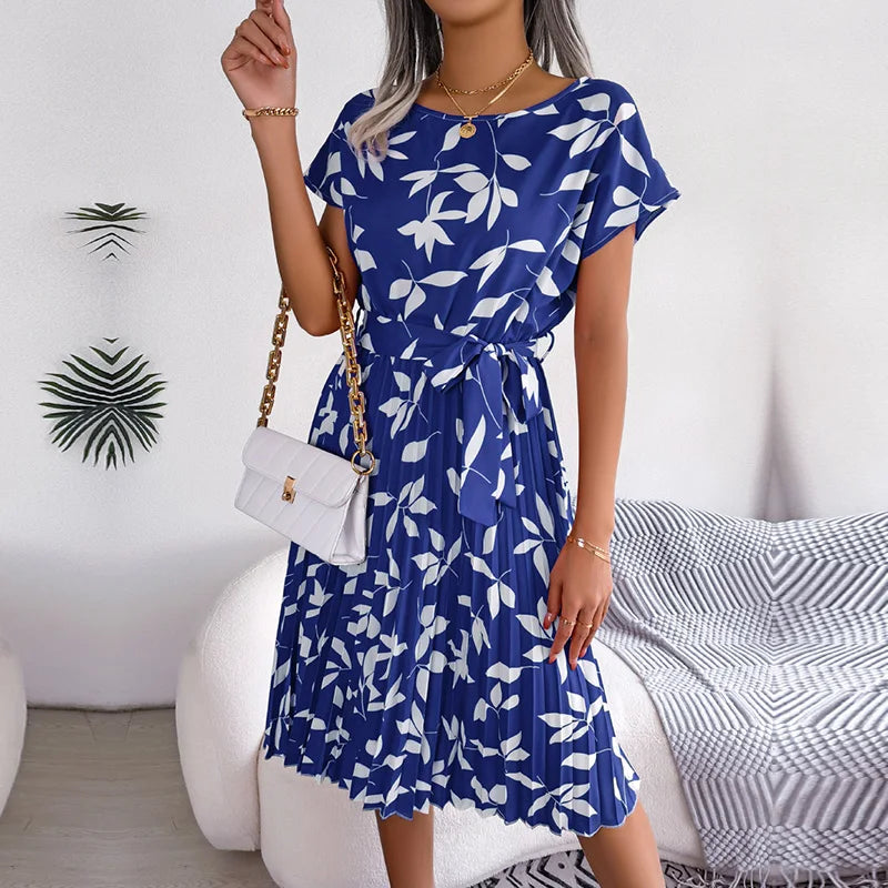 Floral Chiffon High-Waist A-Line Dress | Pleated O-Neck Short Sleeve Casual Dress | Elegant Empire Waist Summer Midi Dress Luxegan