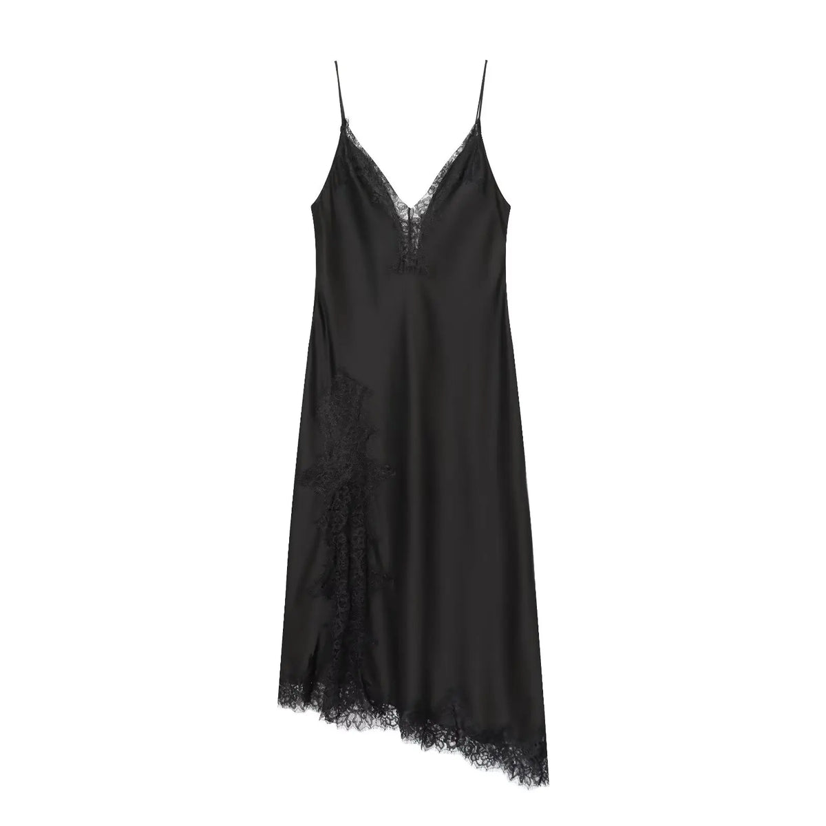 Solid V-Neck Strap Sleeveless Lace Detail Slim Fit Asymmetrical Ankle-Length Dress – Natural Waist, Summer Luxegan