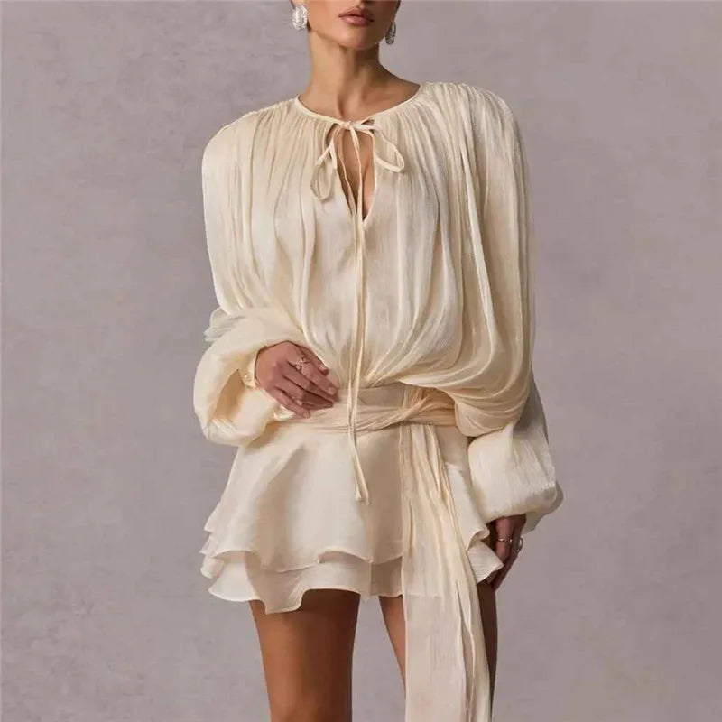 Gaono Women's Elegant Solid Mini Dresses A-line Bubble Lace Up Party Short Vestido Flared Sleeve Fashion Lady Night Summer Gown