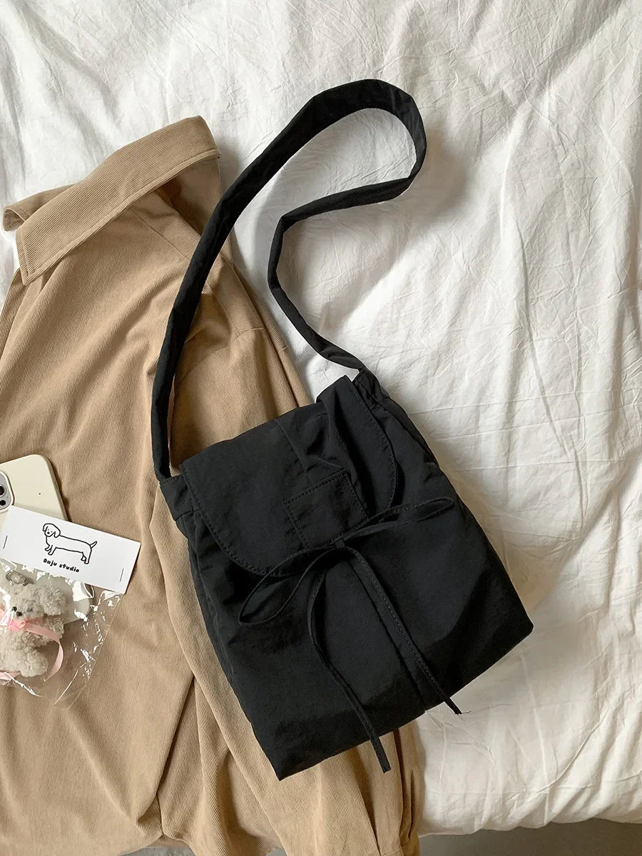 Vintage Flap Nylon Bow Crossbody Bag | Large Autumn Commuter Shoulder Bag & Simple Messenger Bag Luxegan