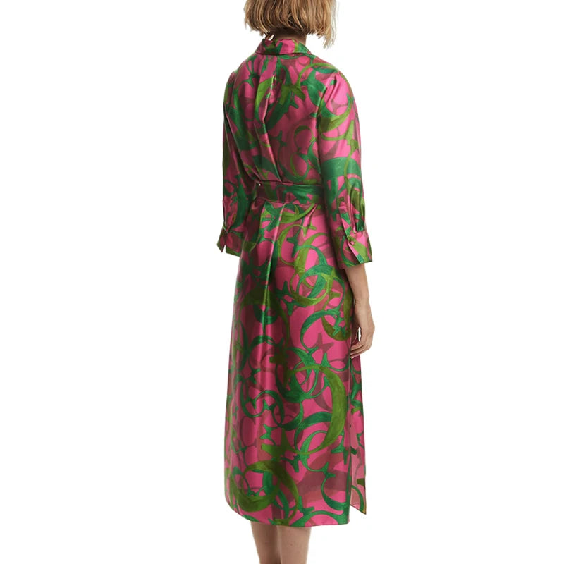 Letter Print Lace-Up Midi Dress | Turn-Down Collar Three-Quarter Sleeve Elegant Office Dress Luxegan