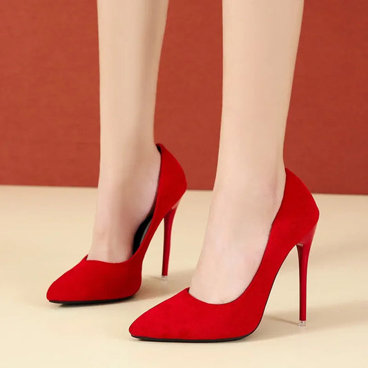 Concise Flock Stiletto Pumps | Sophisticated 11.5cm Pointed Toe High Heels | Elegant "Big Size" 35–45 Wedding Shoes | "Dignified" Classic Red & Gray Office Pumps for Radiant Versatile Styling Luxegan