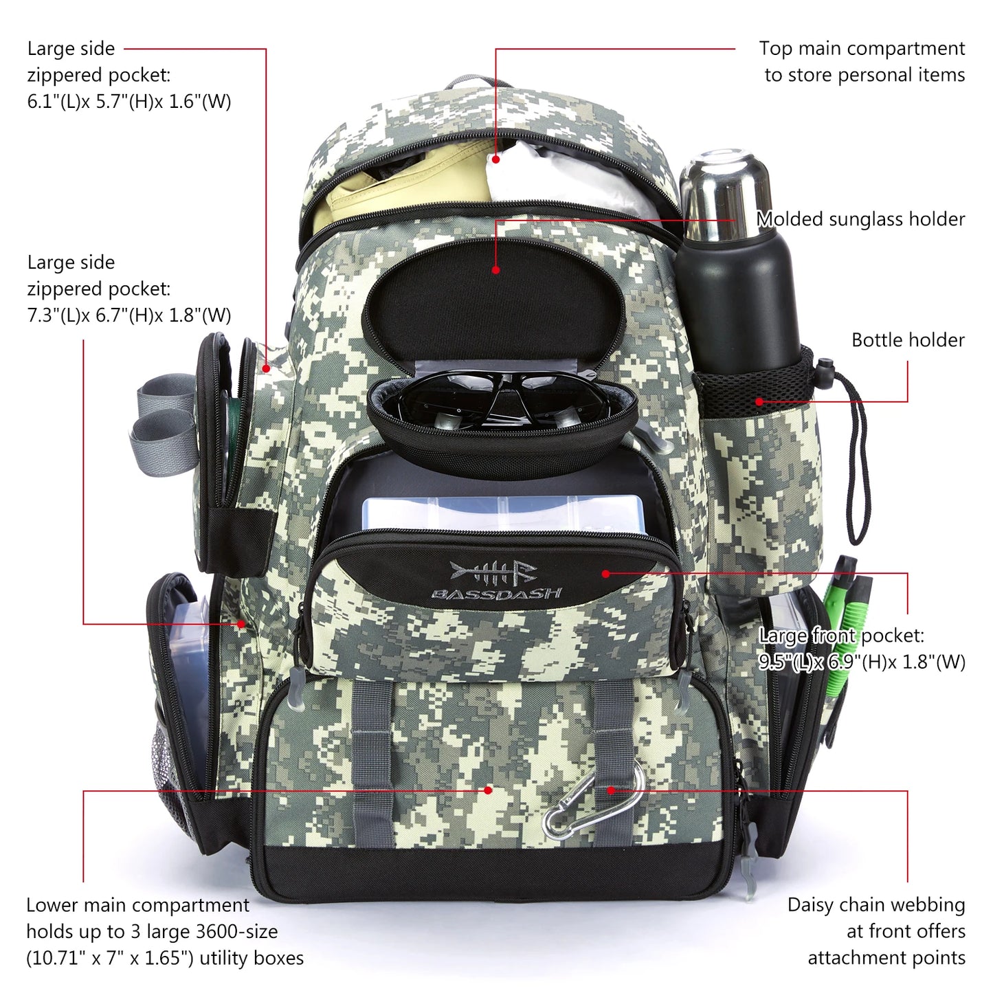 Mochila de pesca Bassdash, liviana, táctica, caja de aparejos, multifuncional
