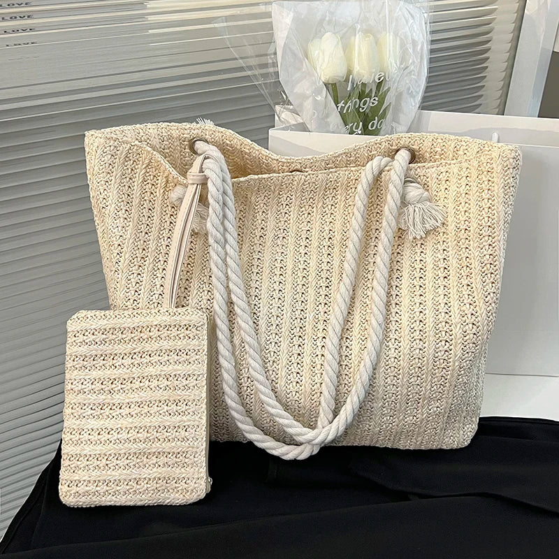 Bolso tote de paja de gran capacidad a la moda | Sofisticado bolso de Bali tejido a mano | Elegante bolso de