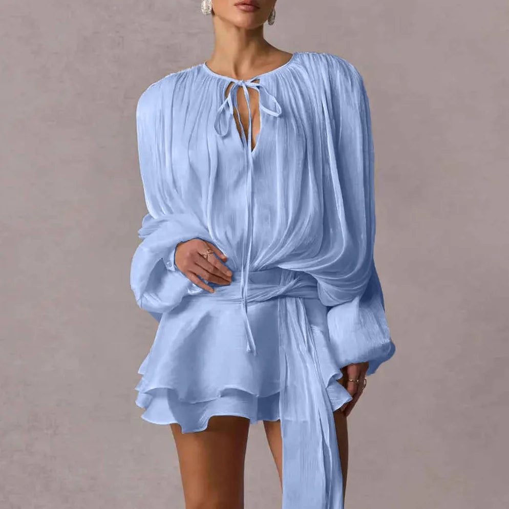 Gaono Women's Elegant Solid Mini Dresses A-line Bubble Lace Up Party Short Vestido Flared Sleeve Fashion Lady Night Summer Gown