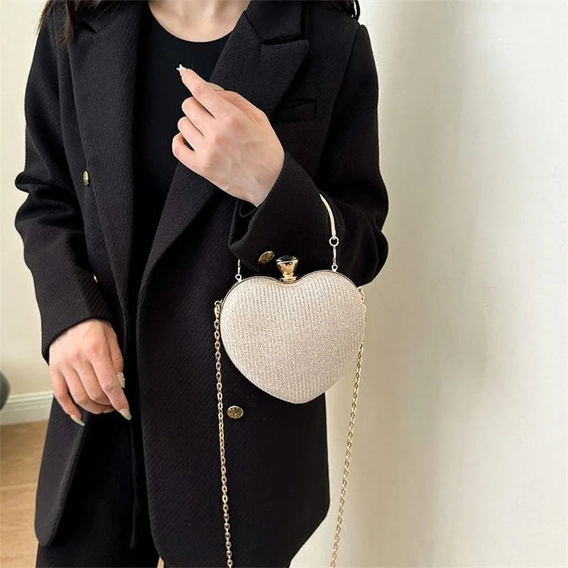 Shiny Heart Shape Metal Evening Clutch Bag for Women | Fashion Chain Shoulder Crossbody Bag (Luxury Lady Purse) Luxegan