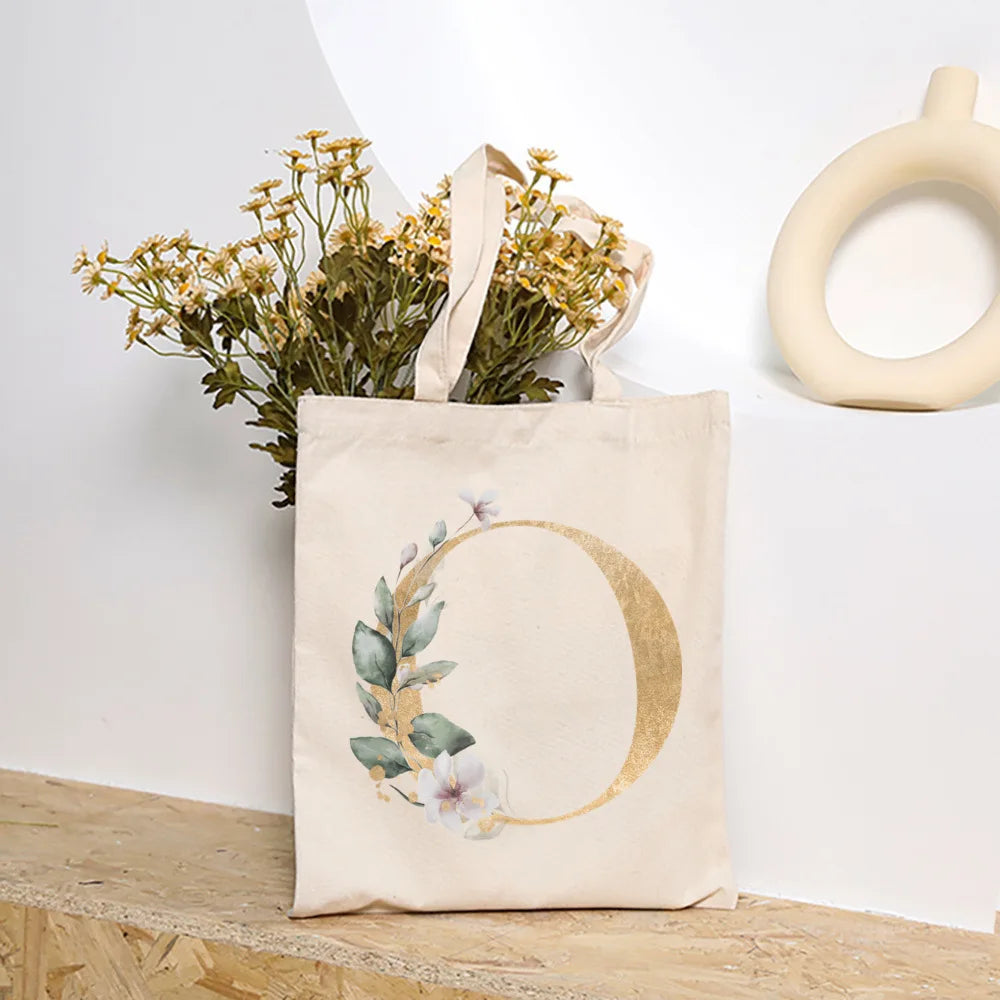Leaves Plant Initial Print Canvas Tote Bag | Reusable Summer Beach & Shopping Handbag with Hasp Closure Luxegan