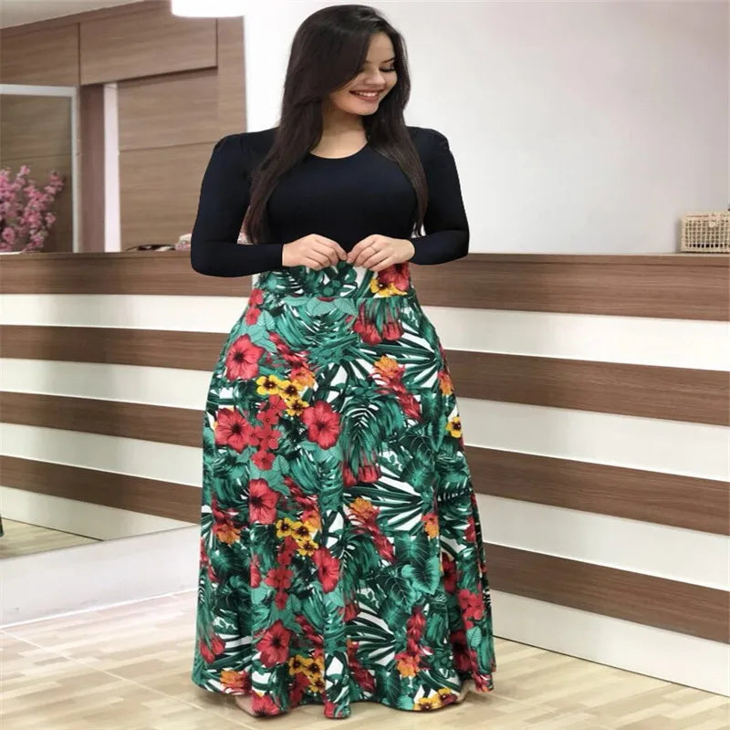 Print Round Neck Regular Fit Straight Ankle-Length Dress – Short & Long Sleeve Options, Spring/Summer