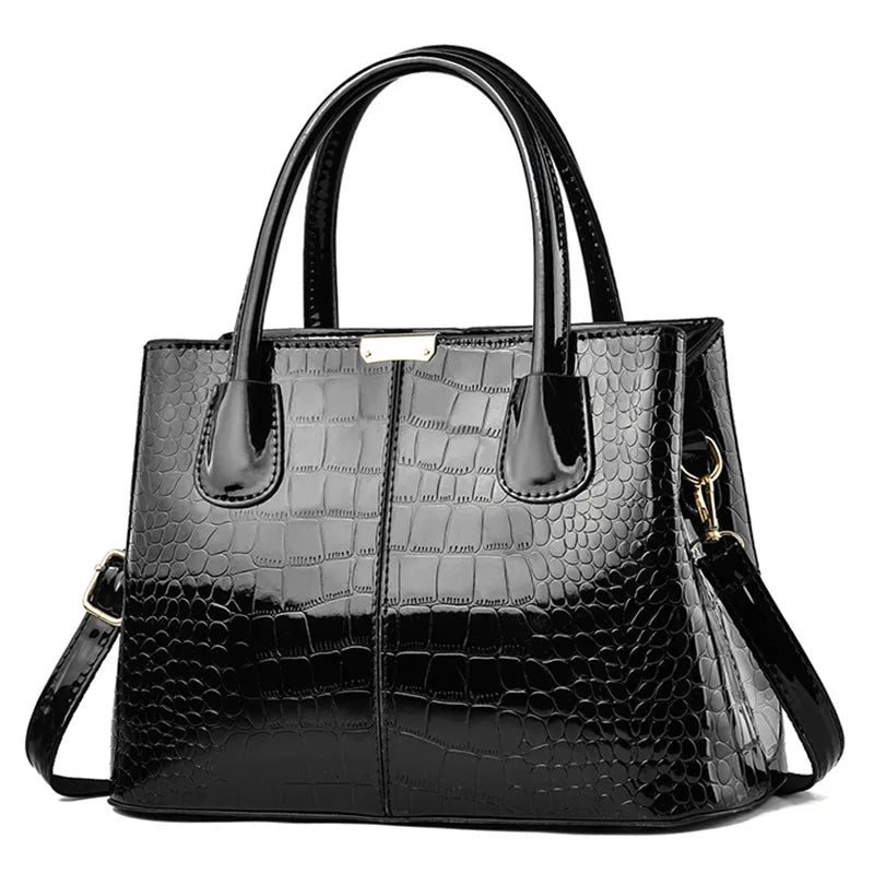 Luxury Patent PU Leather Shopping Tote | Structured Alligator Satchel Luxegan