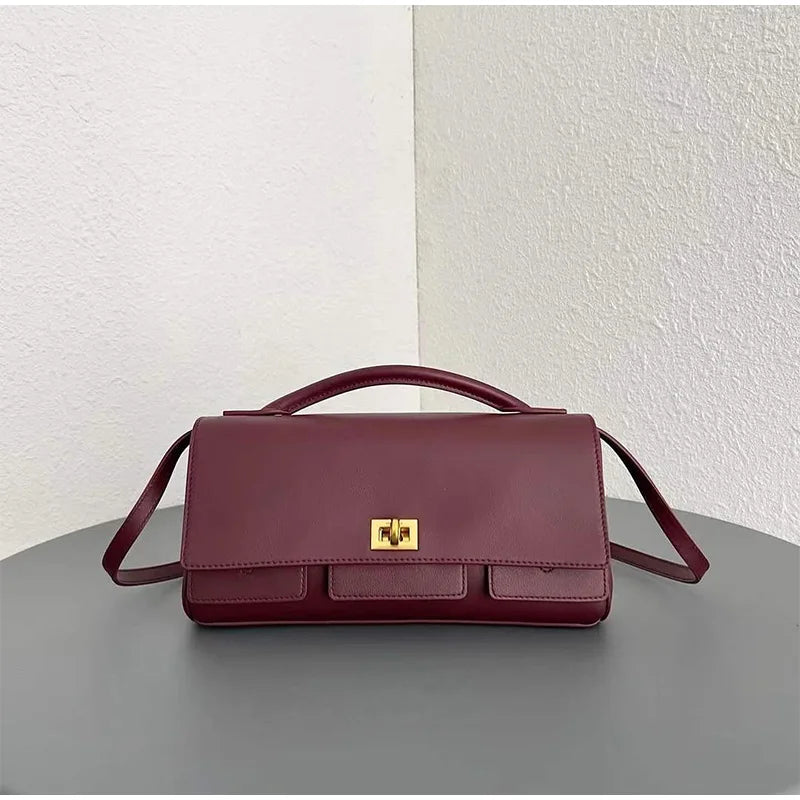 Genuine Leather Solid Satchel | Soft Black Lock Design Shoulder Crossbody Bag Luxegan