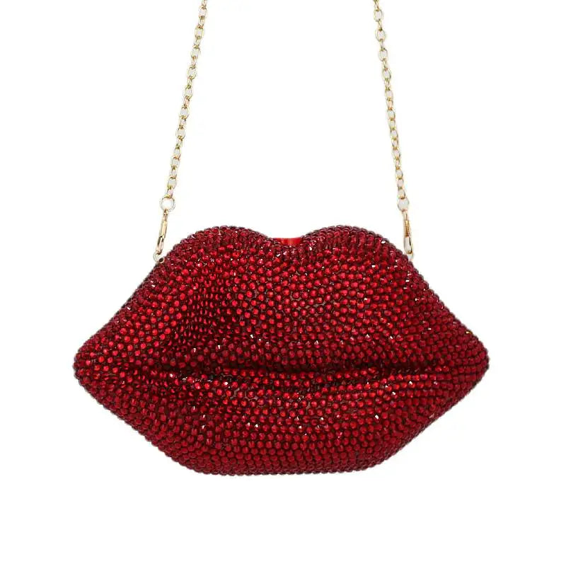 Luxury Red Lip Crystal Clutch | Sophisticated Diamond-Embellished Evening Bag | Elegant Novelty Lip-Shaped Handbag | "Dignified" Hard-Shell Dress Purse for Four-Season Formal Styling Luxegan