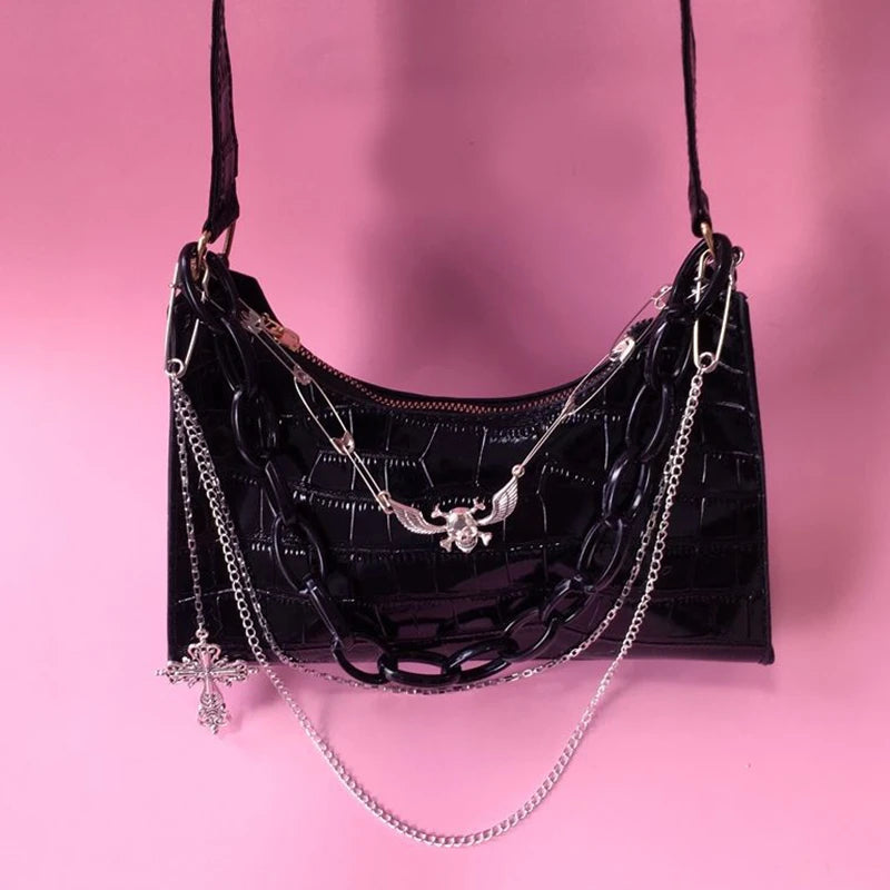 Gothic Dark Punk Underarm Bag | Skull Shoulder Bag & Y2K Chain Crocodile Pattern Crossbody Bag (Korean Popular Aesthetic Handbags) Luxegan