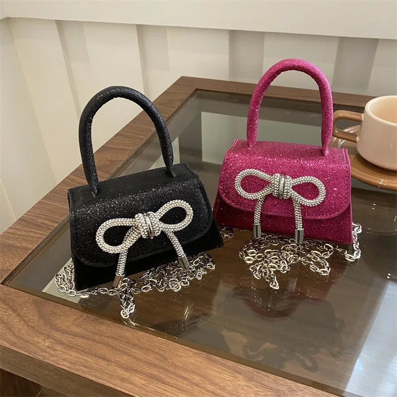 Glitter Small Square Handbag | PU Leather Bow Design Shoulder Bag