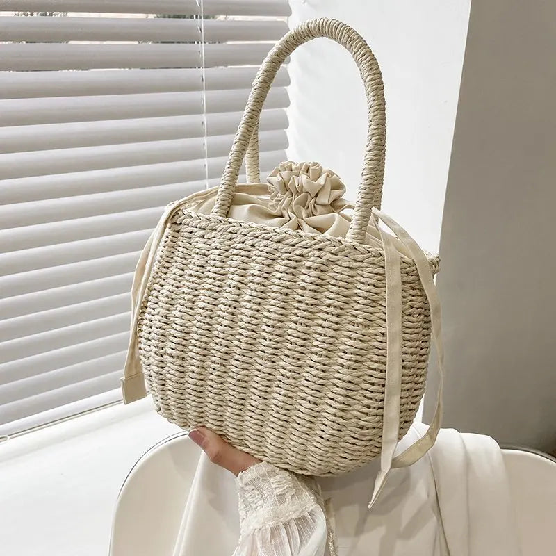 Women’s Summer Straw Rattan Handbag | Sophisticated Woven Small Clutch & Basket Bag | Elegant Retro Beach Vacation Tote | "Dignified" Soft Bucket Purse for Versatile Holiday Styling Luxegan
